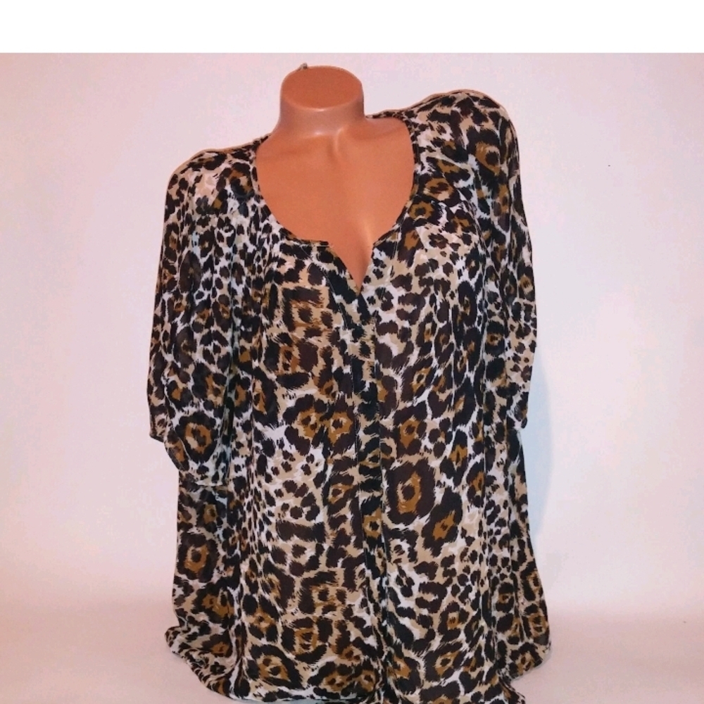 Apt 9 Blouse Womens 1X Black Tan Leopard Animal Print Button Up Chiffon Short Sl